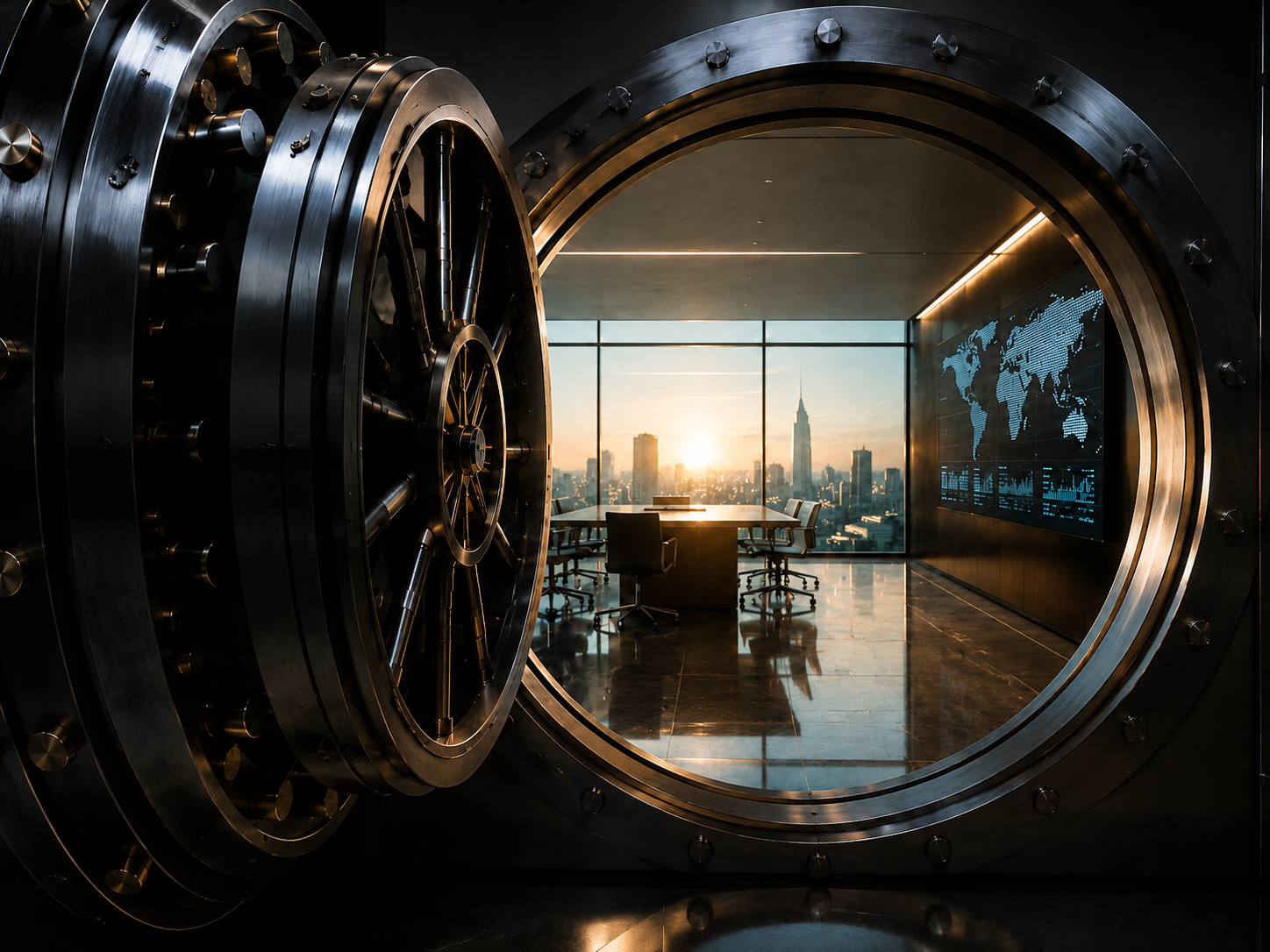 Open secure vault overlooking a modern financial boardroom
